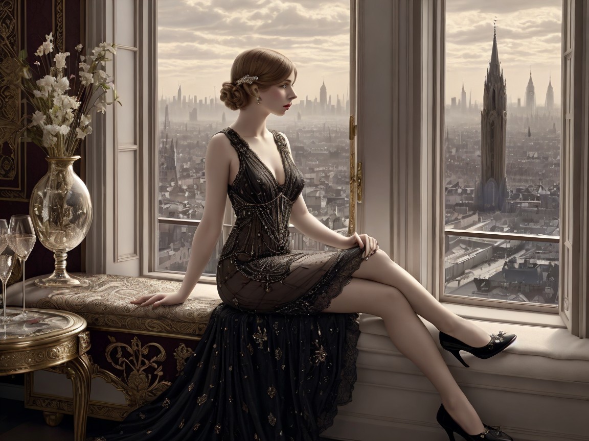 Elegant Woman in Vintage Dress by Grand Window