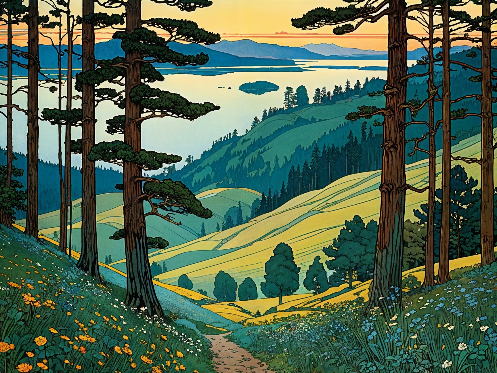 Serene landscape with hills, trees, and sunset water