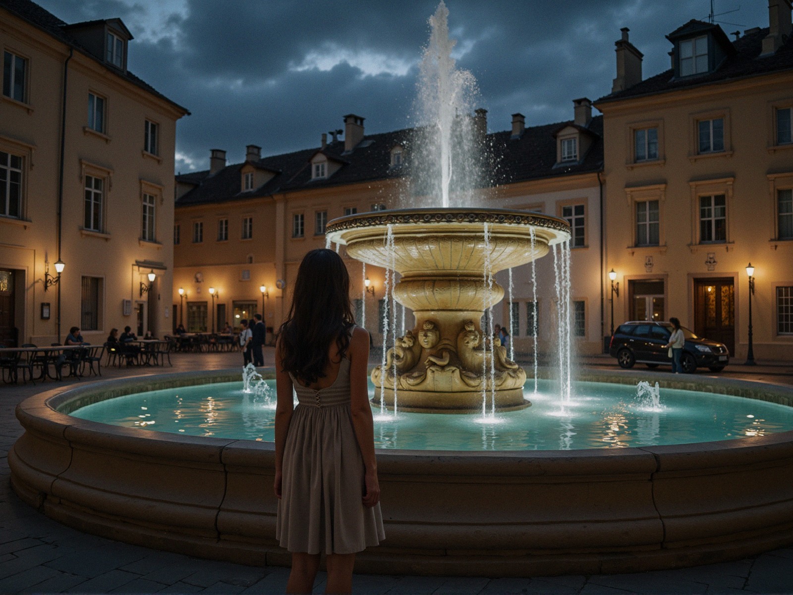 Evening Scene of a Woman at a Grand Fountain