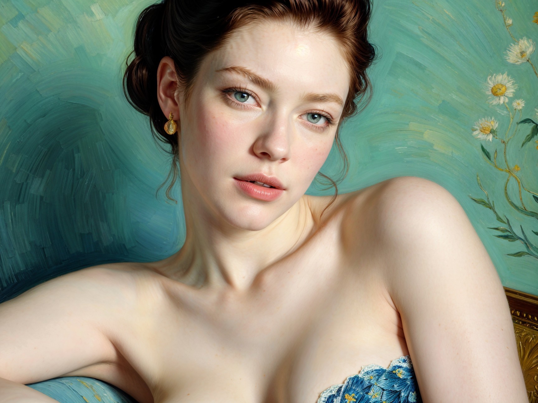 Woman with Blue Eyes in Artistic Teal Background