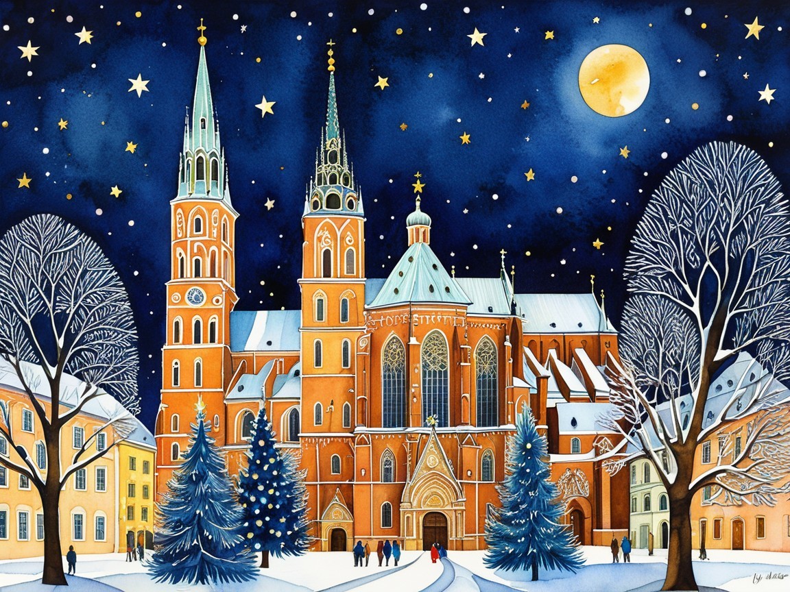 Nighttime Christmas Town Scene with Cathedral and Snow
