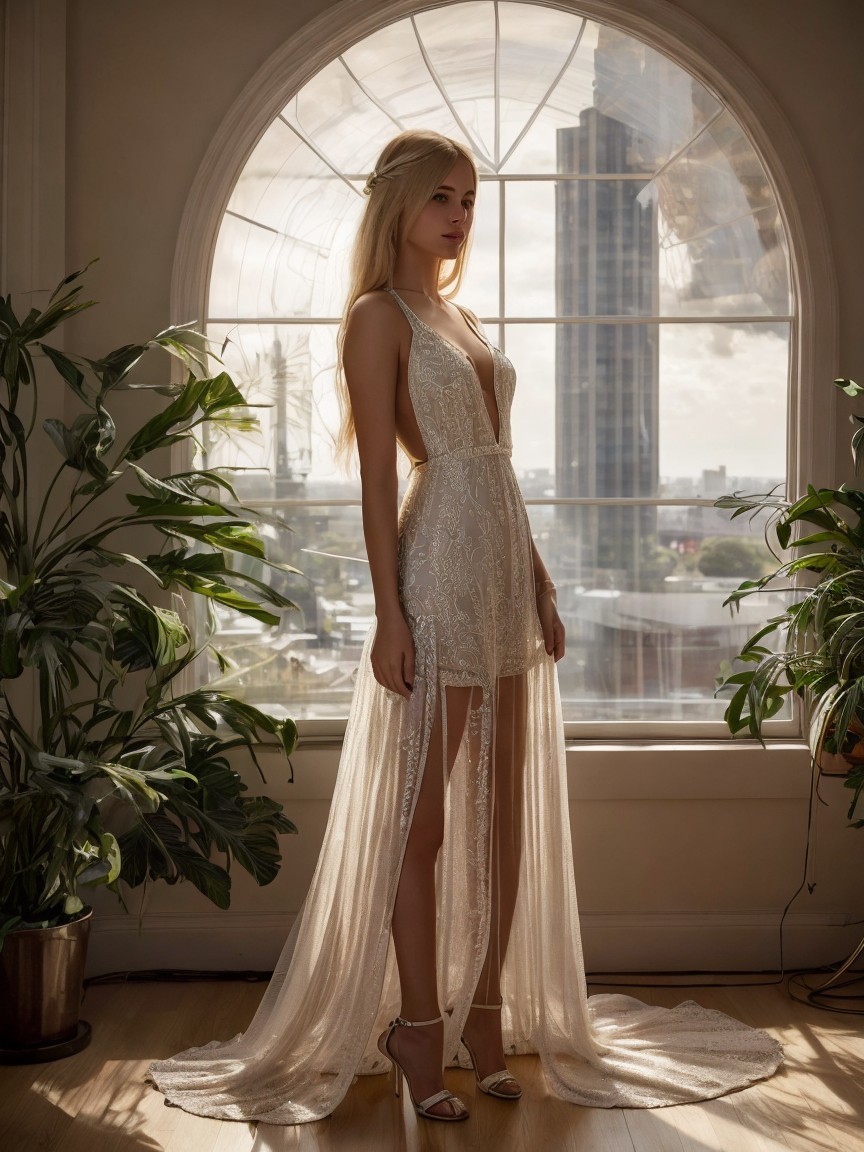 Young Woman in Elegant Gown in Luminous Room