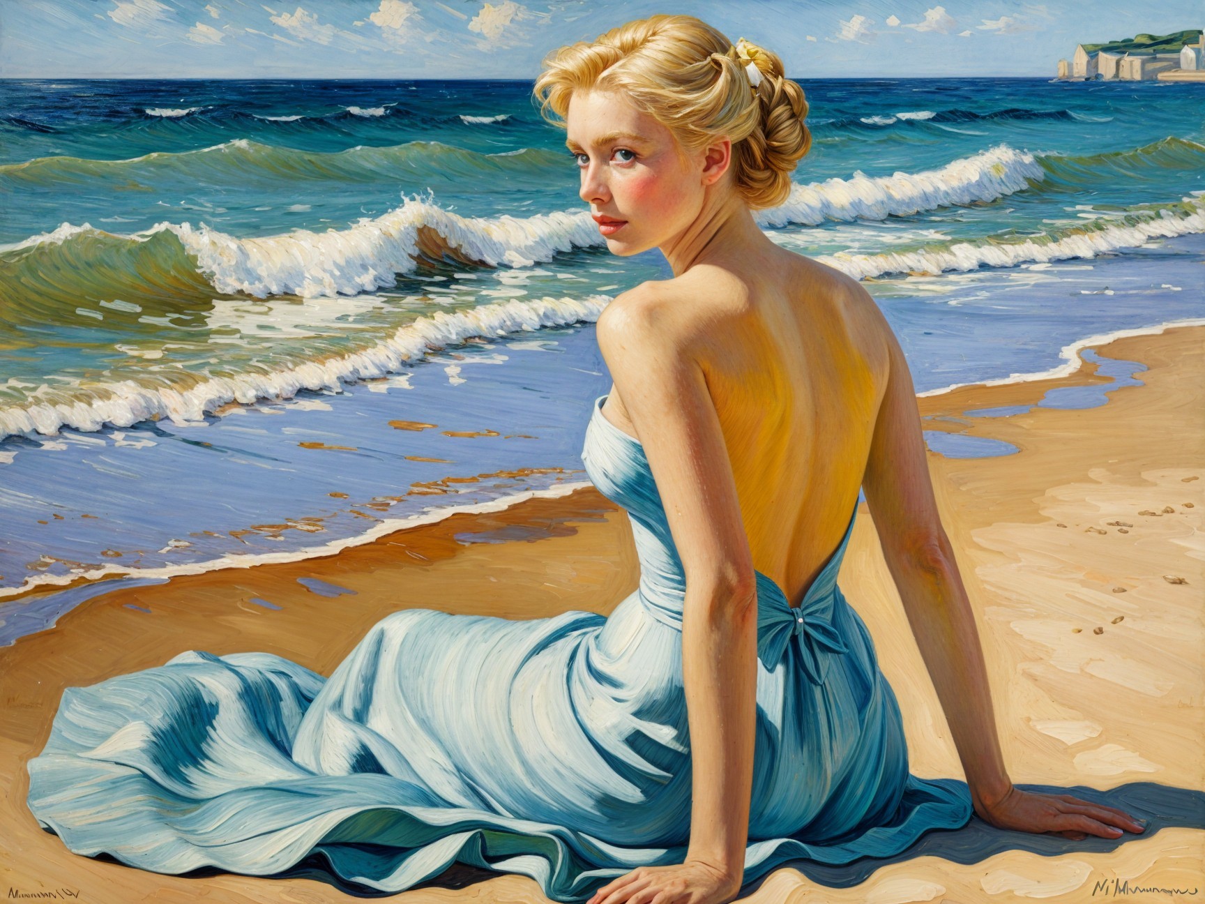Young Woman in Light Blue Dress on Sandy Beach