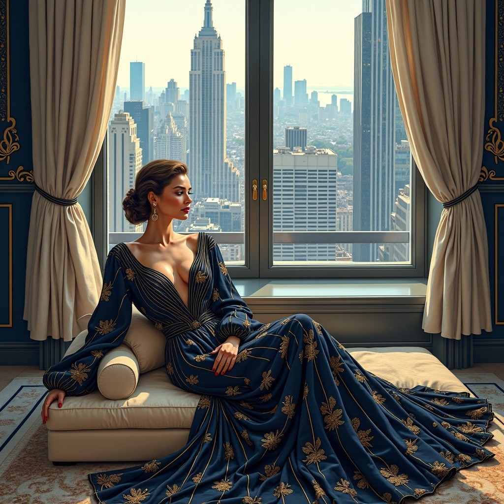 Elegant Woman in Navy Gown on Plush Sofa with Cityscape