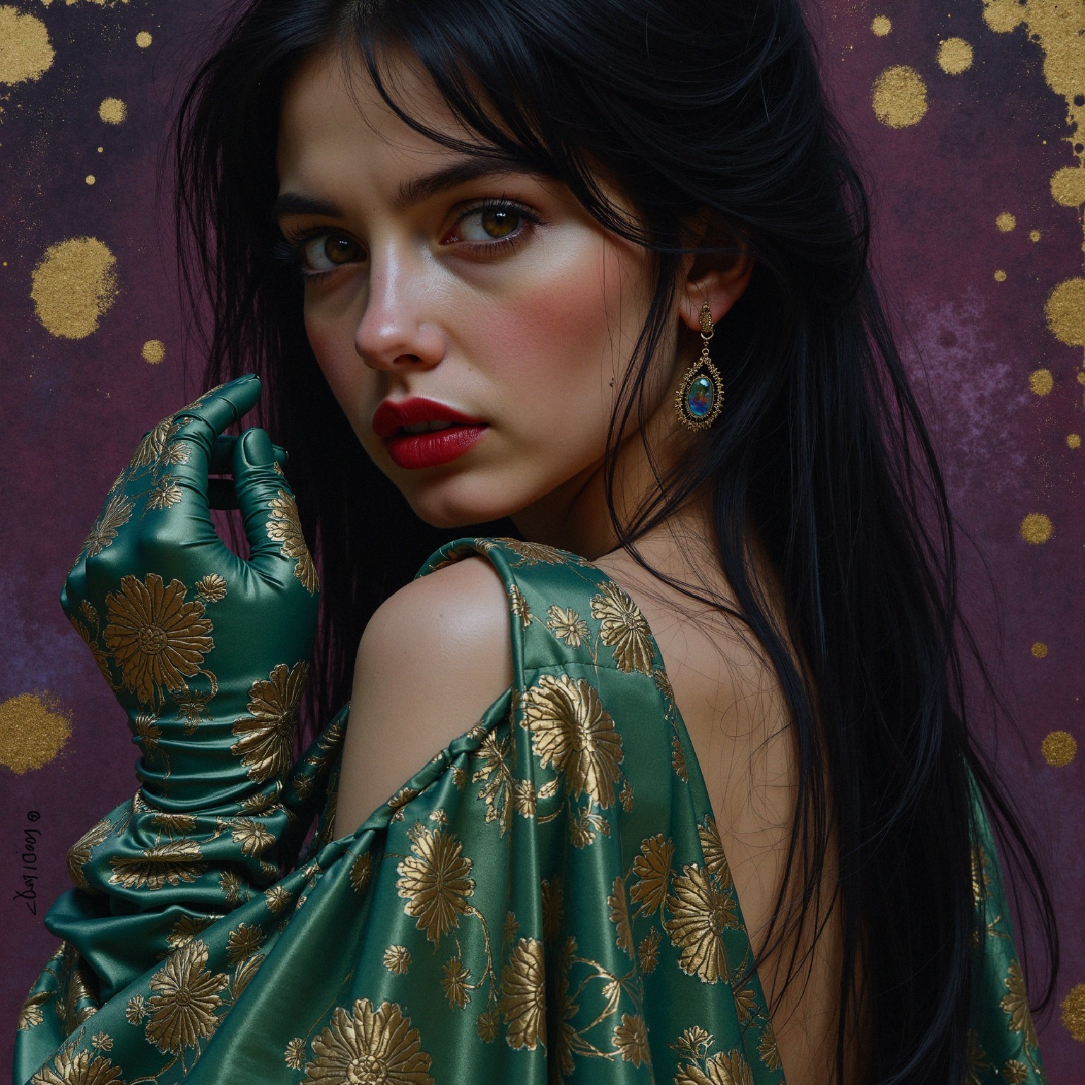 Portrait of a Woman in Green Satin with Floral Patterns