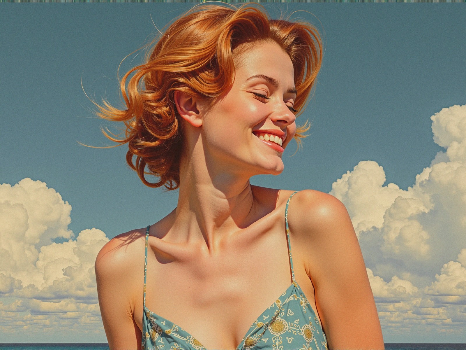 Joyful young woman in floral dress with golden-red hair