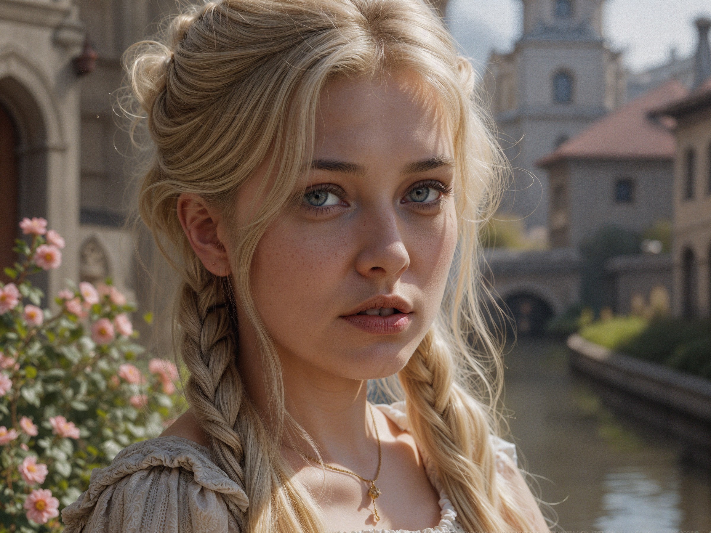 Young woman with blonde braids in a serene canal setting