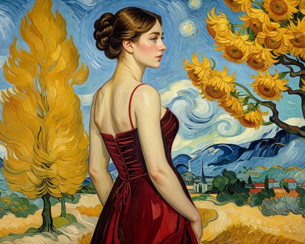 Woman in Red Dress Against Vibrant Impressionistic Landscape