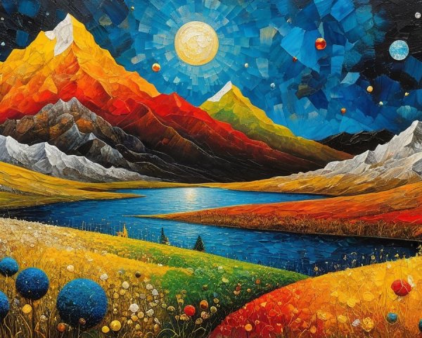 Surreal Mosaic Landscape with Luminous Moon and Mountains