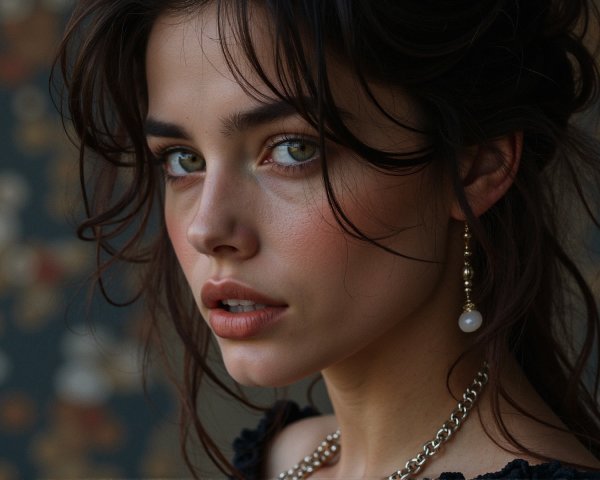 Close-up portrait of a youthful woman with green eyes