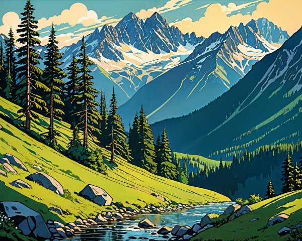 Vibrant Landscape with River and Snow-Capped Mountains