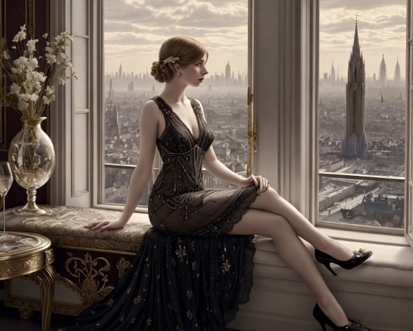 Elegant Woman in Vintage Dress by Grand Window