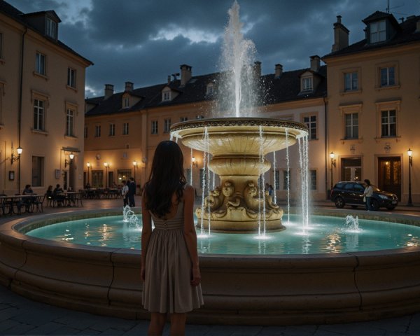Evening Scene of a Woman at a Grand Fountain