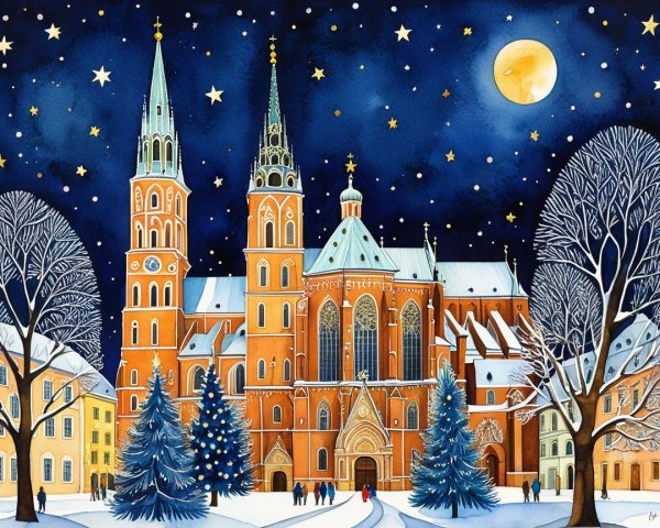 Nighttime Christmas Town Scene with Cathedral and Snow