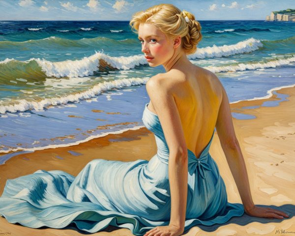 Young Woman in Light Blue Dress on Sandy Beach