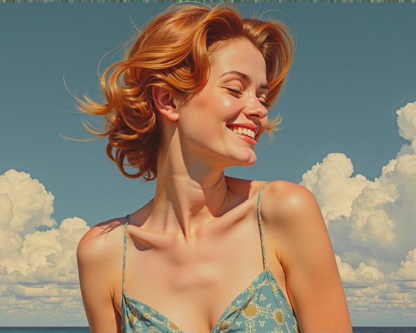 Joyful young woman in floral dress with golden-red hair