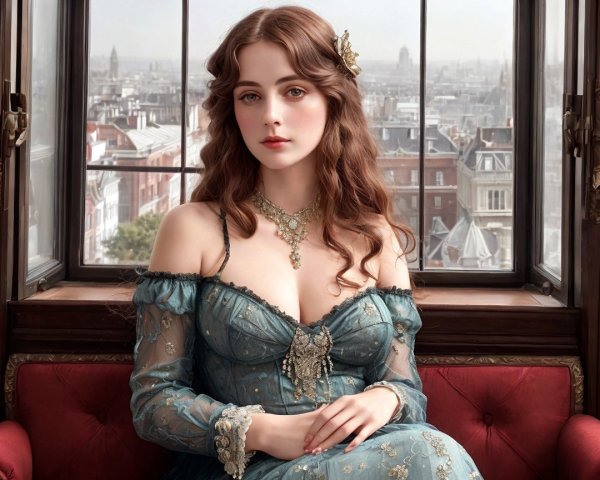 Young Woman in Blue Gown with Cityscape Background
