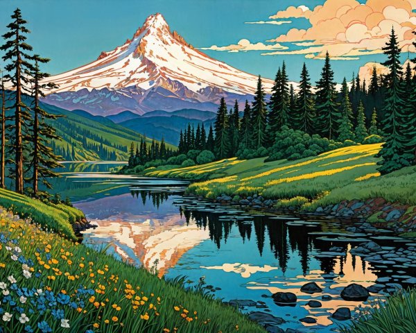 Snow-Capped Mountain and Lush Green Forests Landscape
