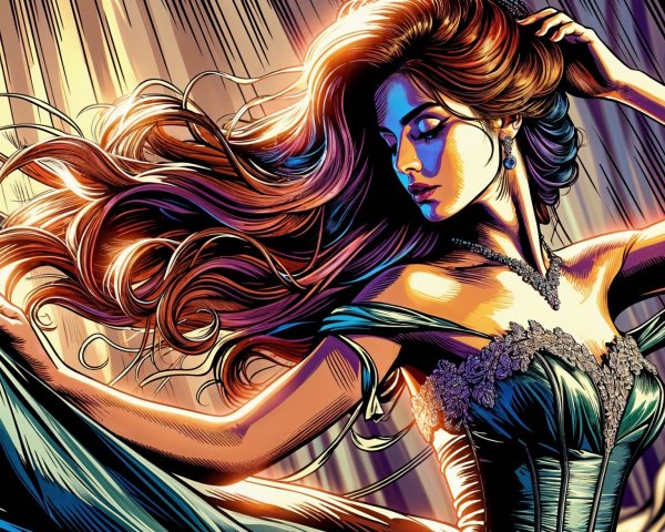 Elegant Woman in Ornate Gown with Flowing Hair