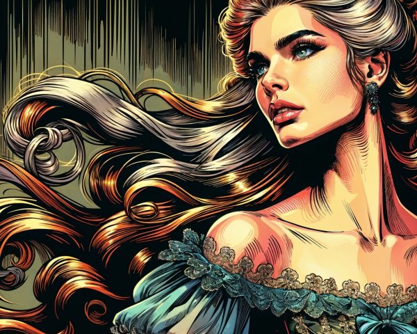 Pop Art Digital Painting of a Blonde Woman in Teal Gown