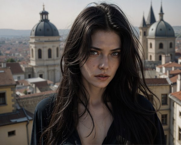 Young Woman in Historic European Cityscape Portrait