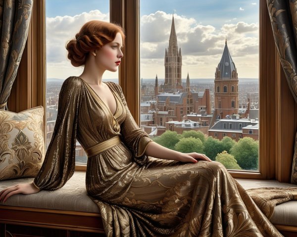 Elegant Woman in Gold Dress by Grand Window