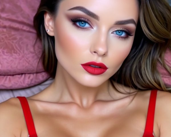 Close-up of Woman with Blue Eyes and Red Lipstick