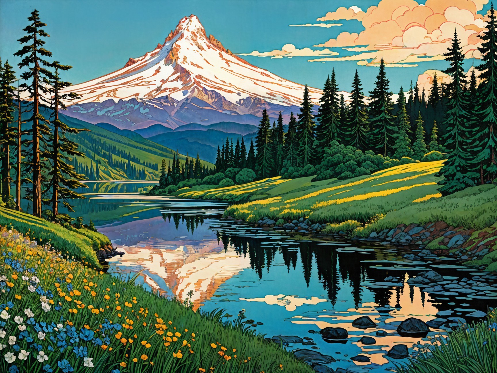 Snow-Capped Mountain and Lush Green Forests Landscape