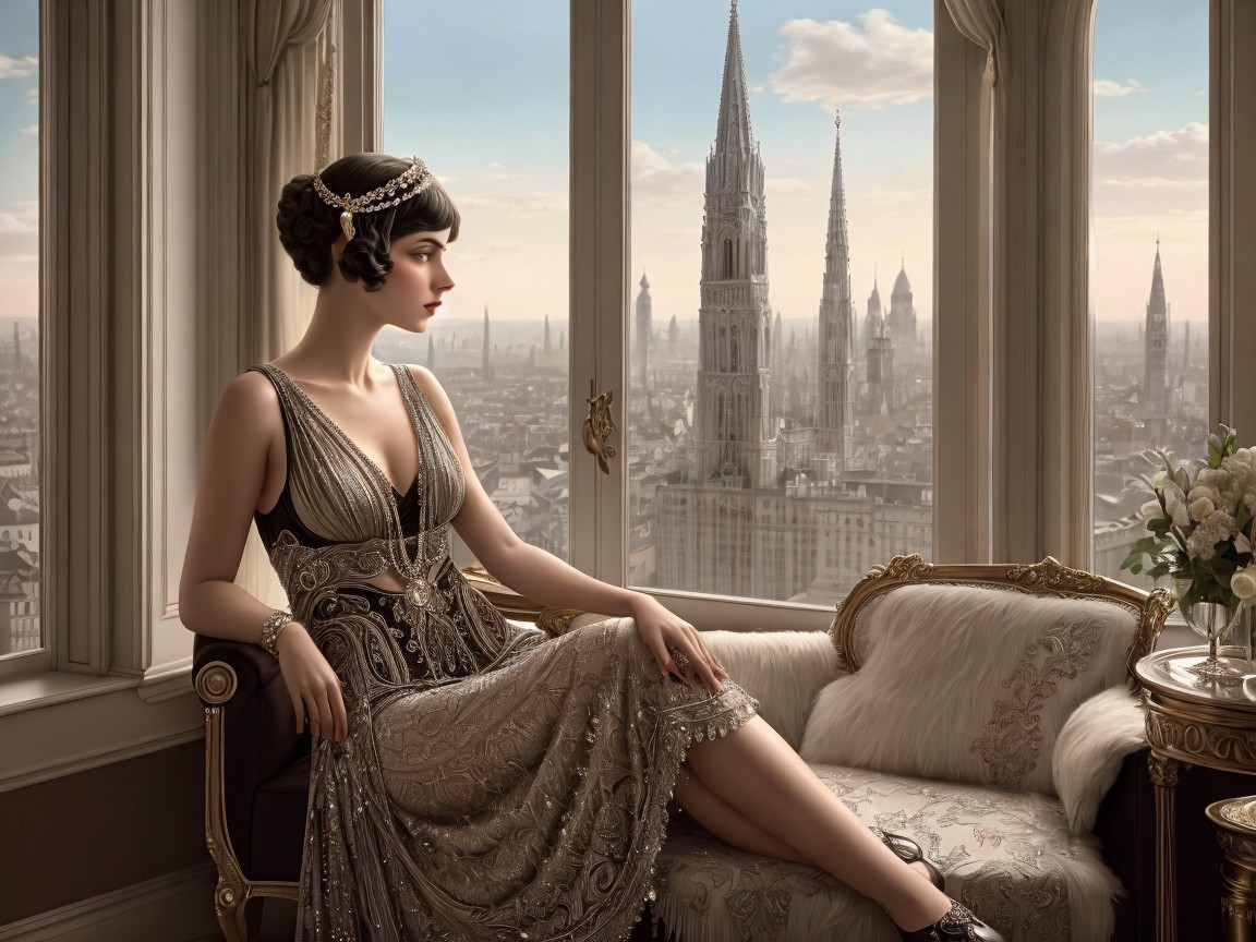 Elegant Woman in Vintage Gown by City Skyline Window