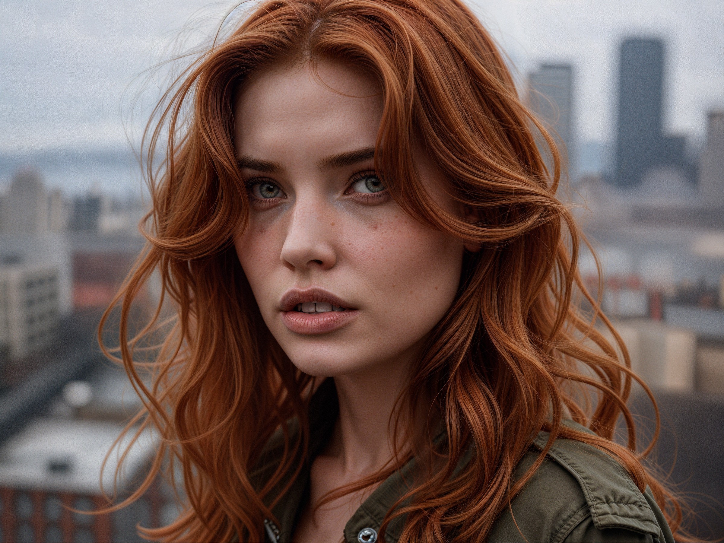 Young woman with auburn hair in city skyline setting