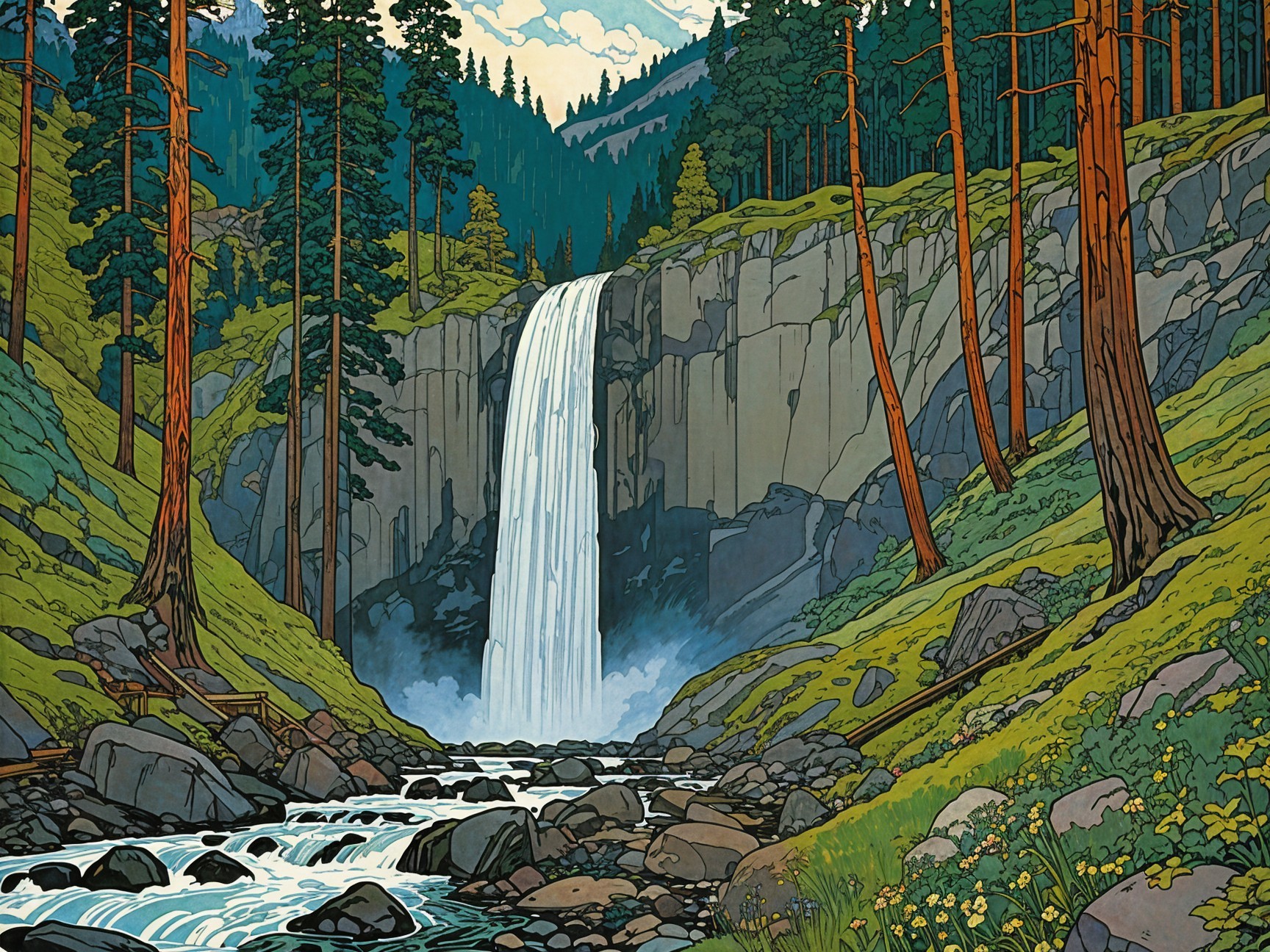 Vibrant Landscape with Waterfall and Lush Trees