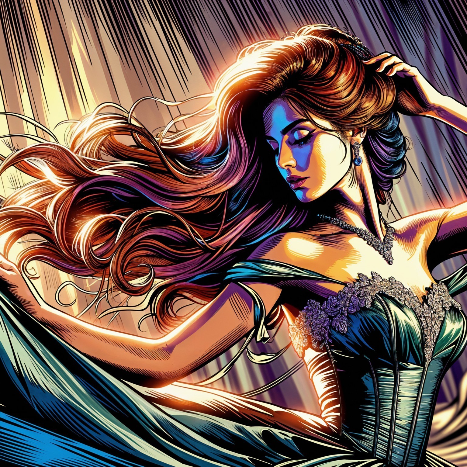 Elegant Woman in Ornate Gown with Flowing Hair