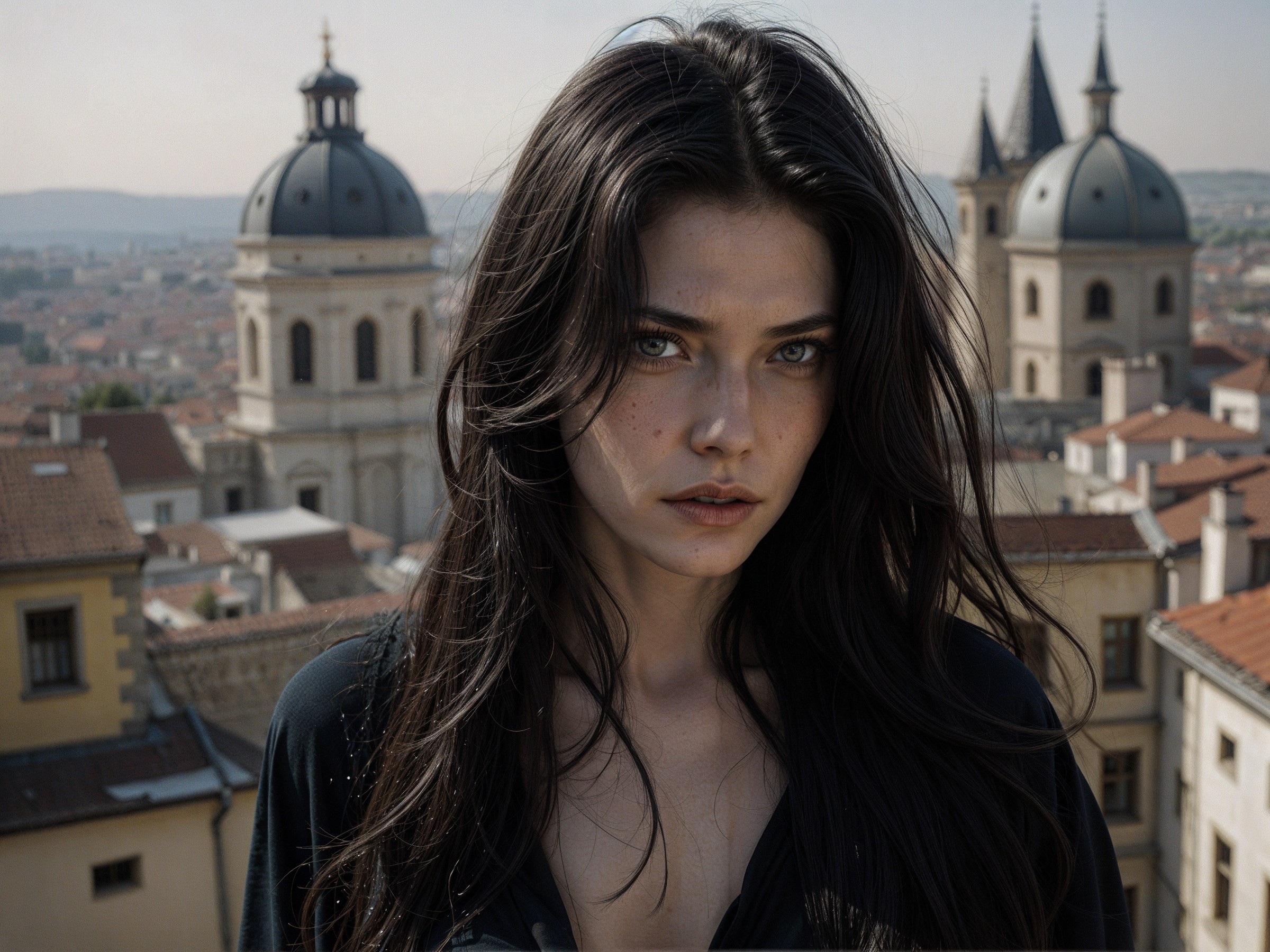 Young Woman in Historic European Cityscape Portrait