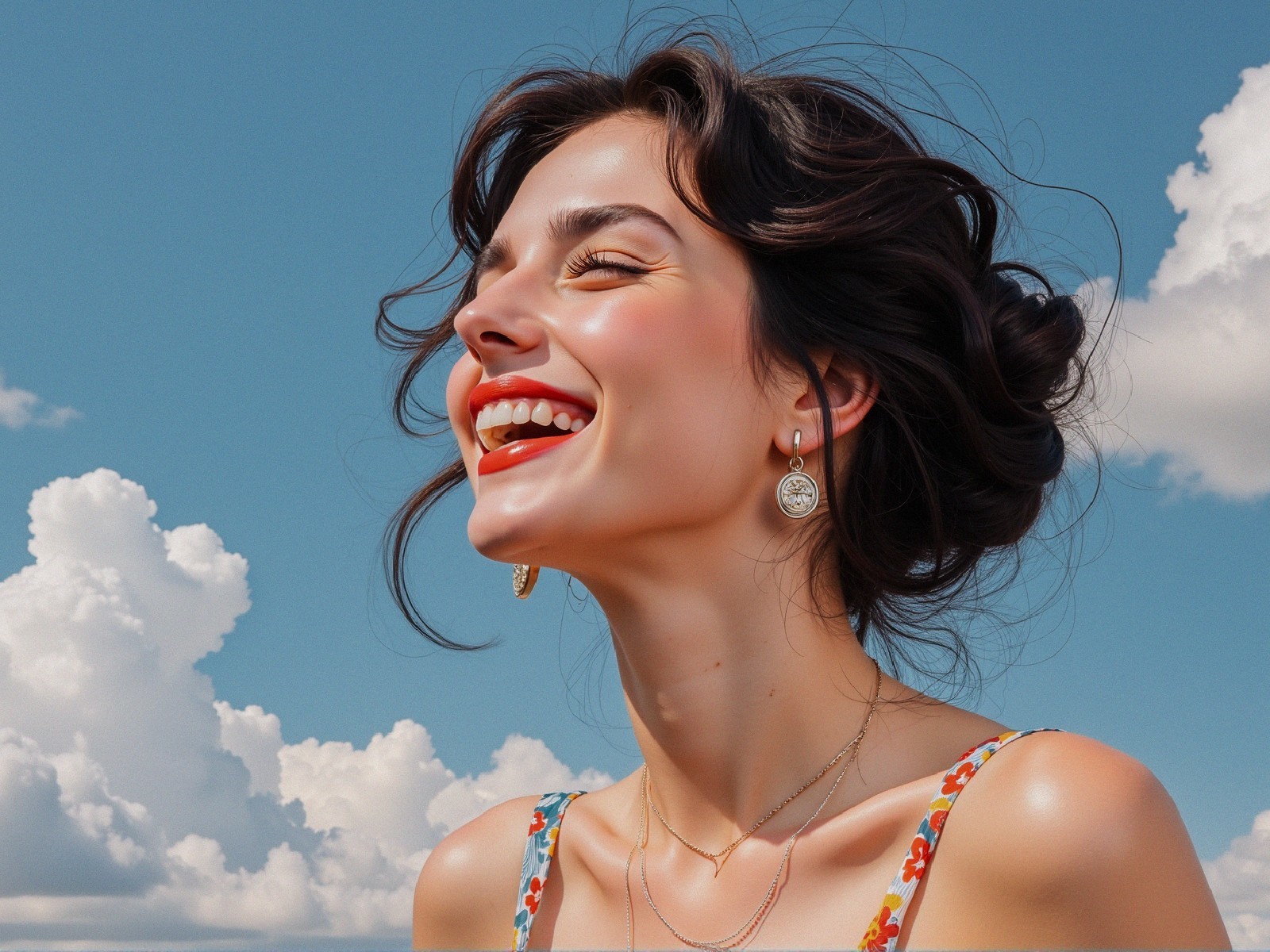 Joyful Young Woman Smiling Under Bright Blue Sky