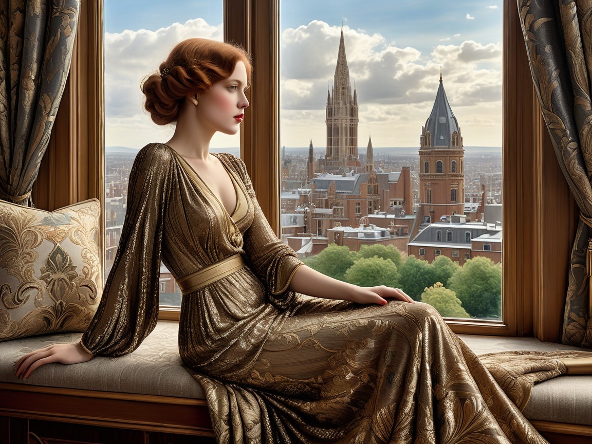 Elegant Woman in Gold Dress by Grand Window