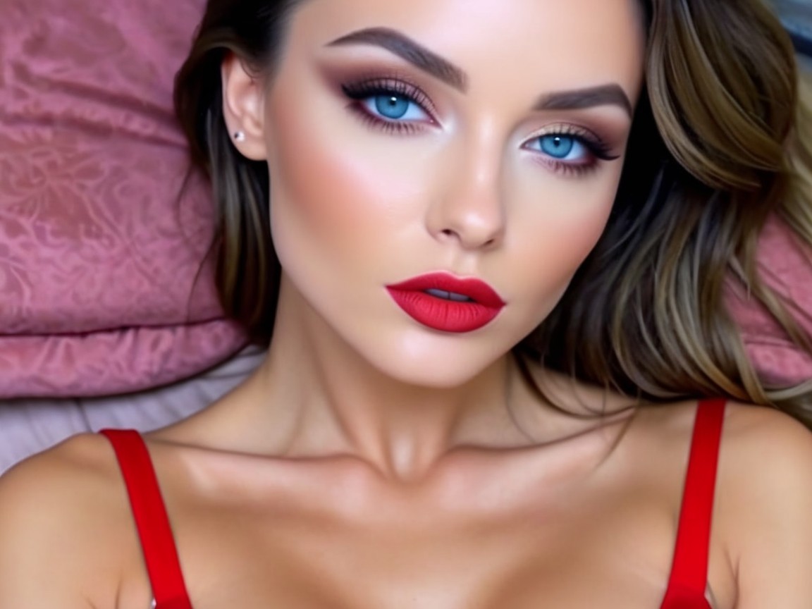 Close-up of Woman with Blue Eyes and Red Lipstick