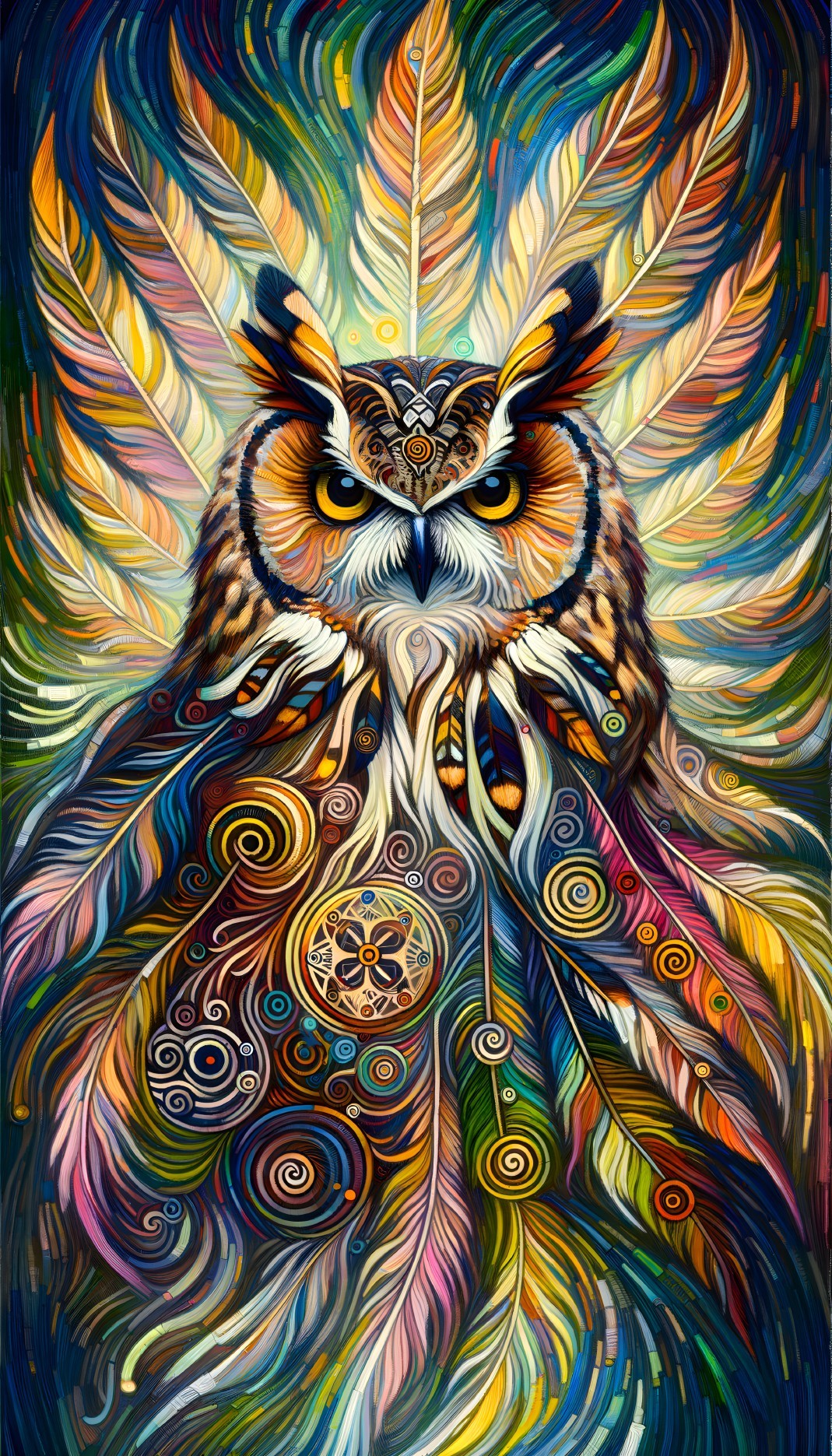 Colorful Owl Painting with Intricate Patterns and Vibrant Feathers