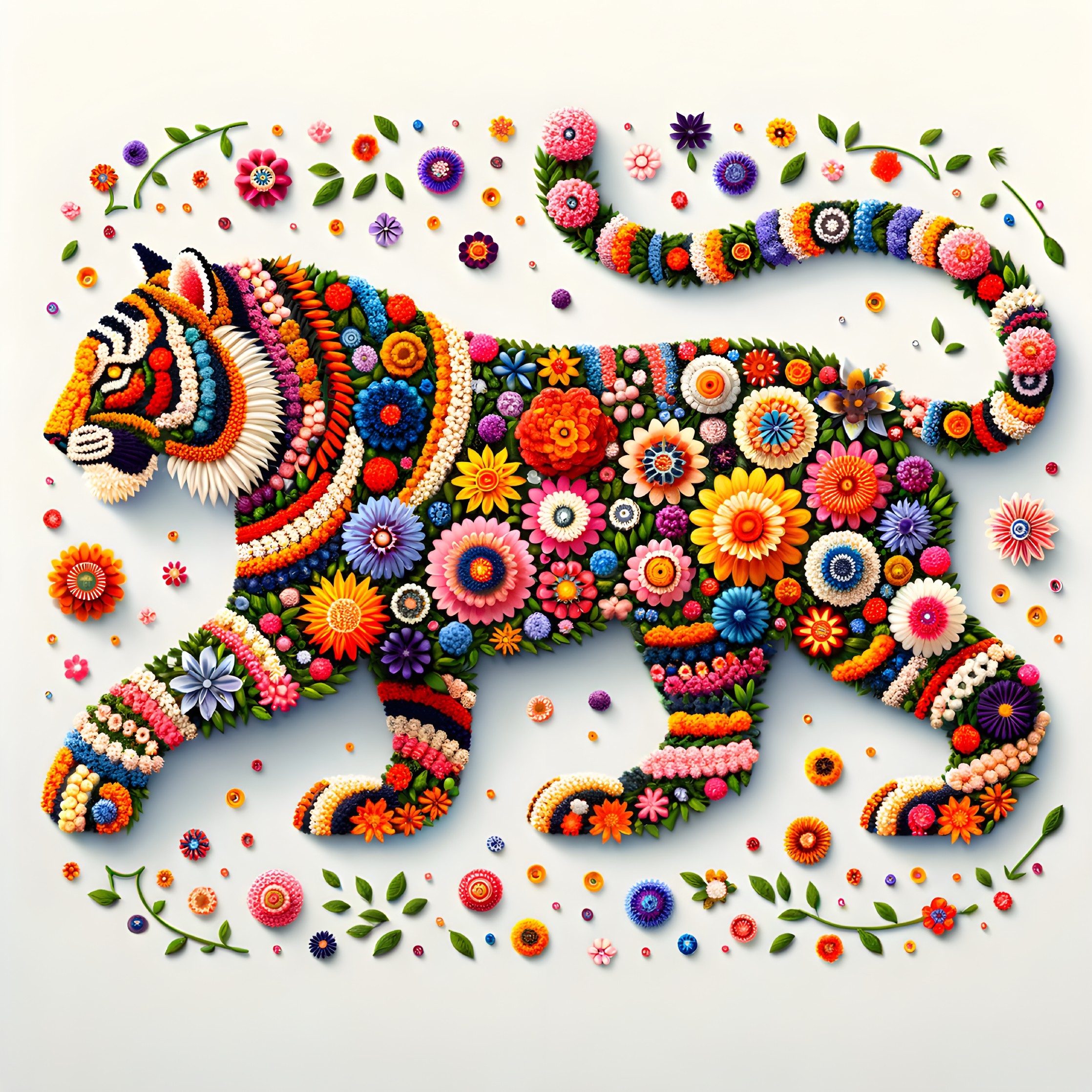 Vibrant Floral Tiger Composition with Colorful Patterns