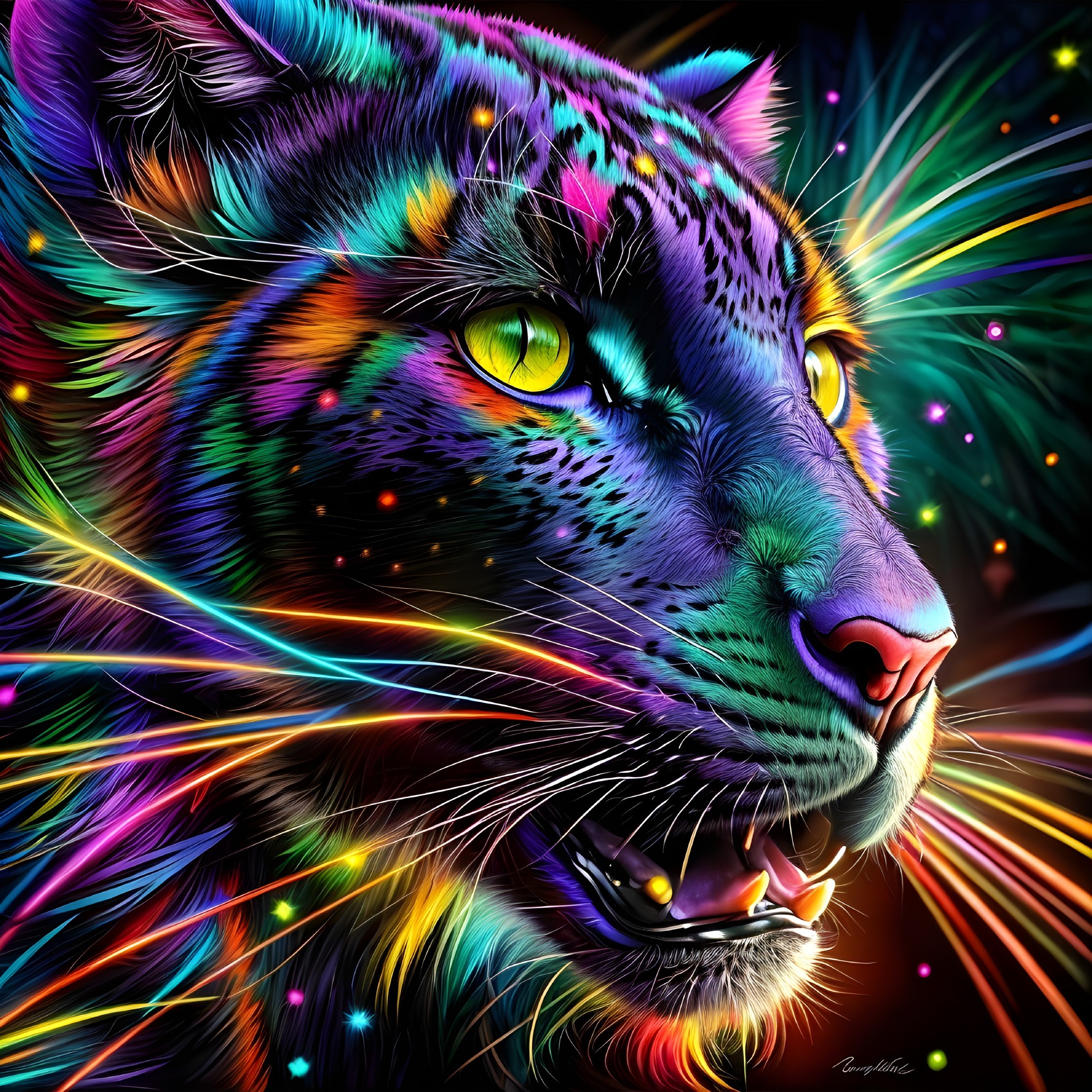 Colorful Leopard Artwork with Neon Spectrum and Light Streaks