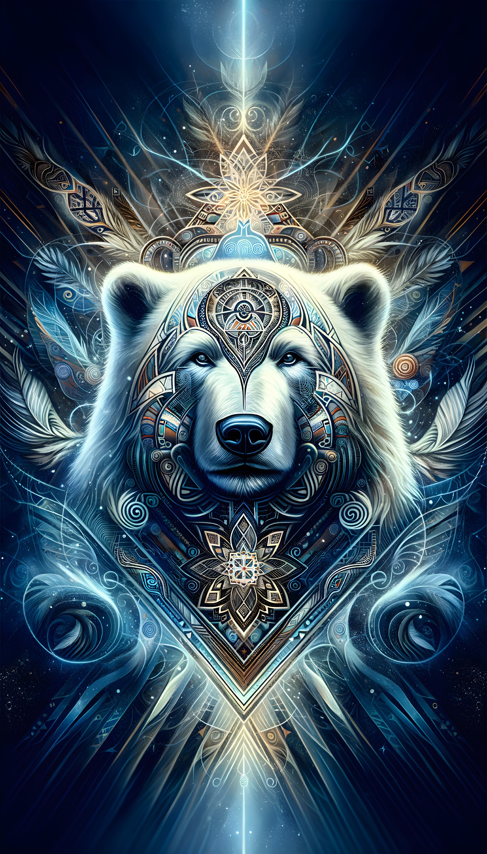 Stylized bear with geometric patterns on cosmic background