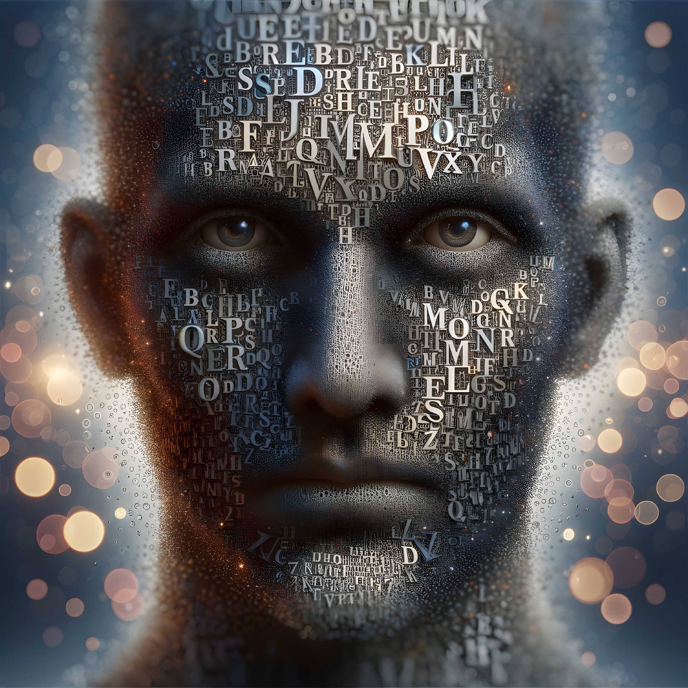 Digital Art of Male Face Made of Letters with Bokeh