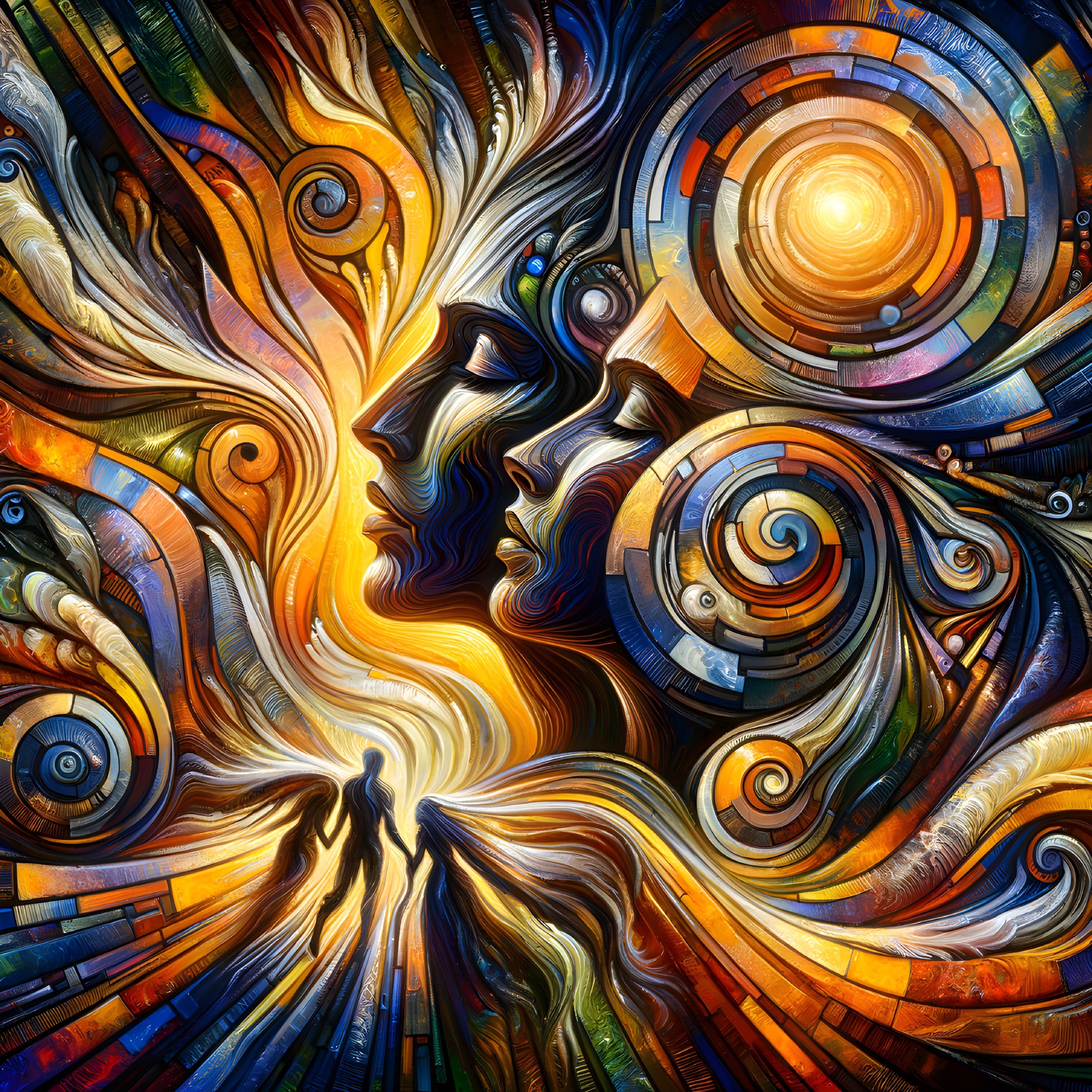 Colorful abstract painting: Two human profiles in swirling patterns