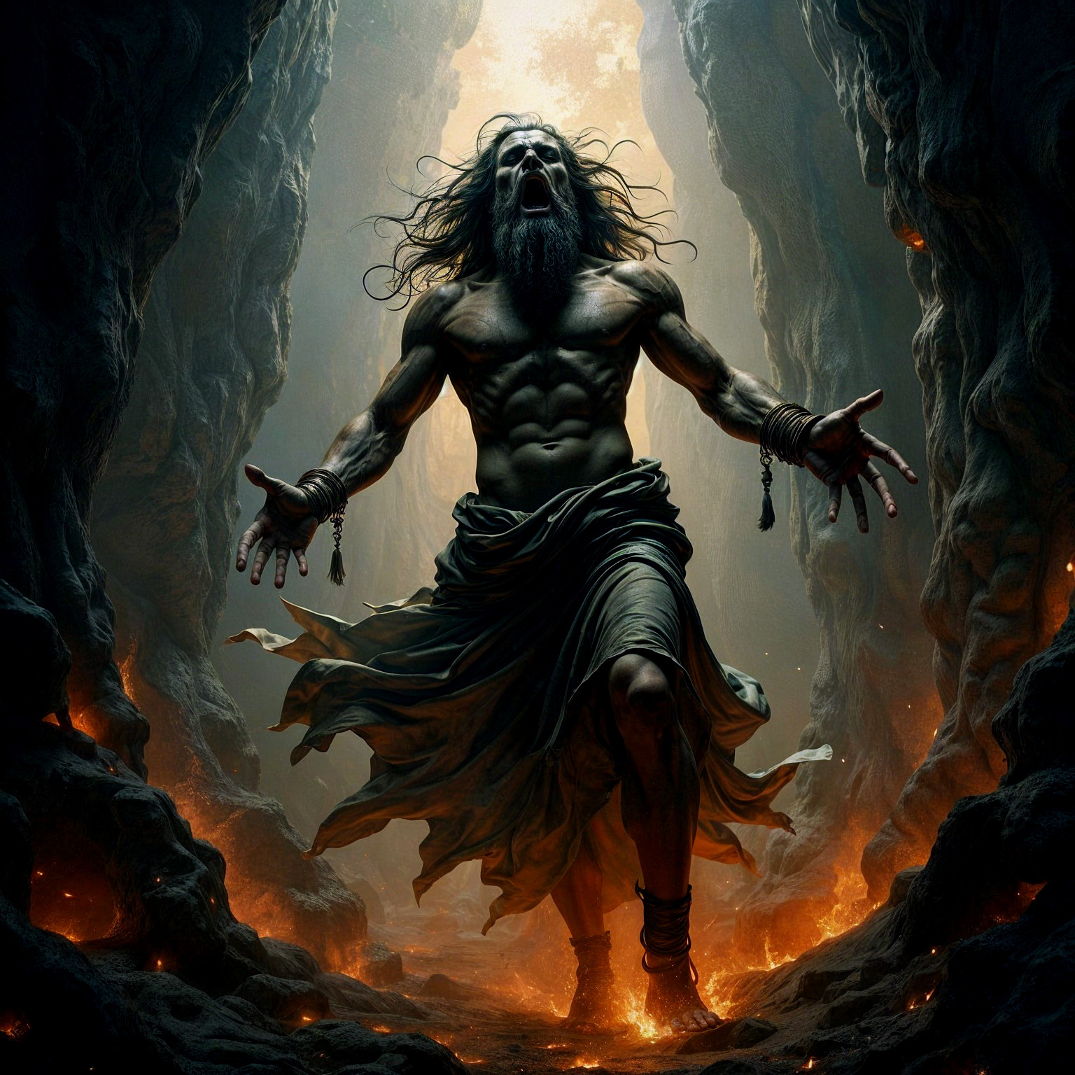 Muscular Figure in Dark Cavern Surrounded by Flames