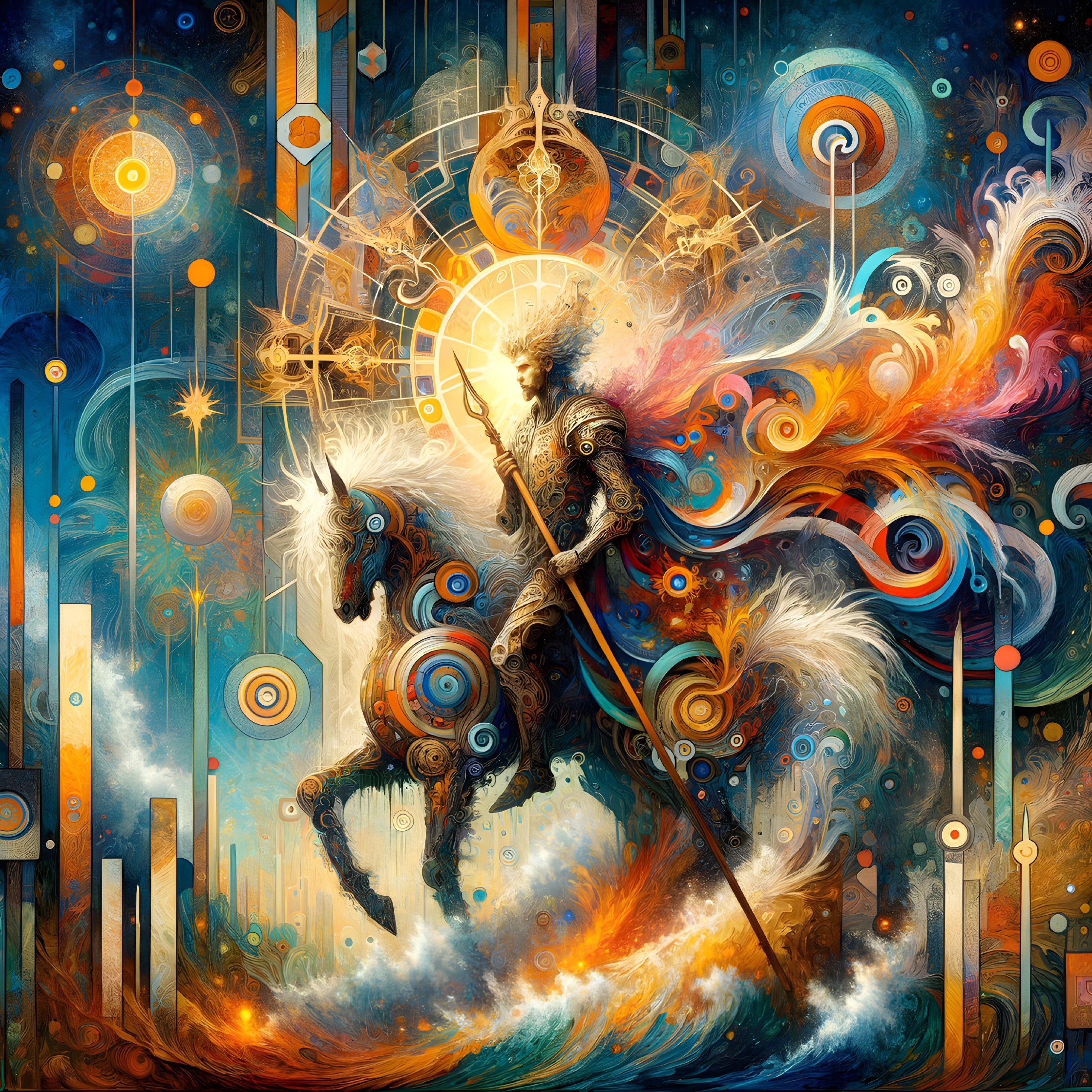 Colorful Knight on Horseback in Cosmic Artwork