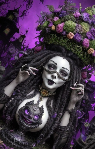 Ethereal Figure with Floral Headpiece and Dark Elements