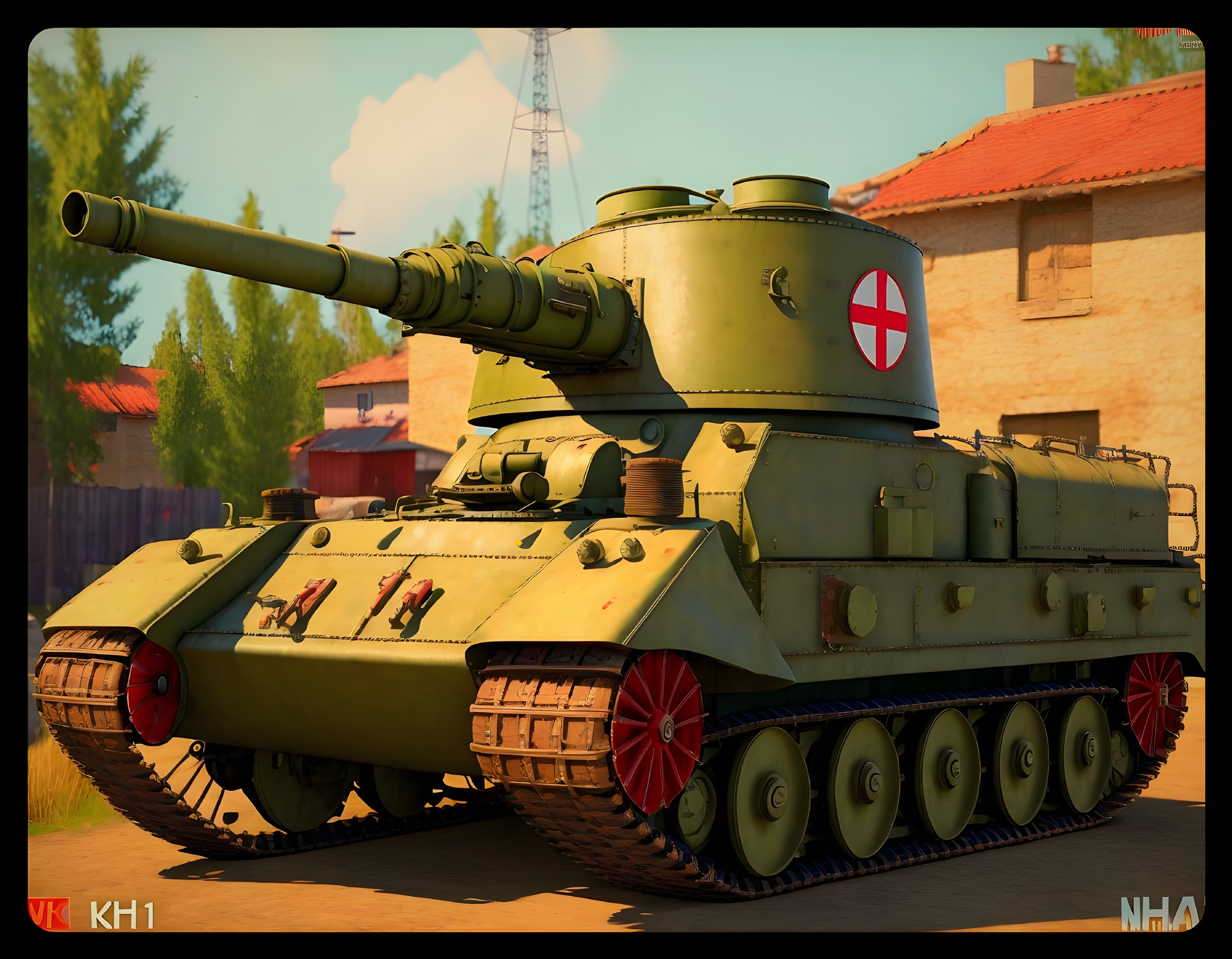 Green Tank with White Cross Emblem in Rustic Setting