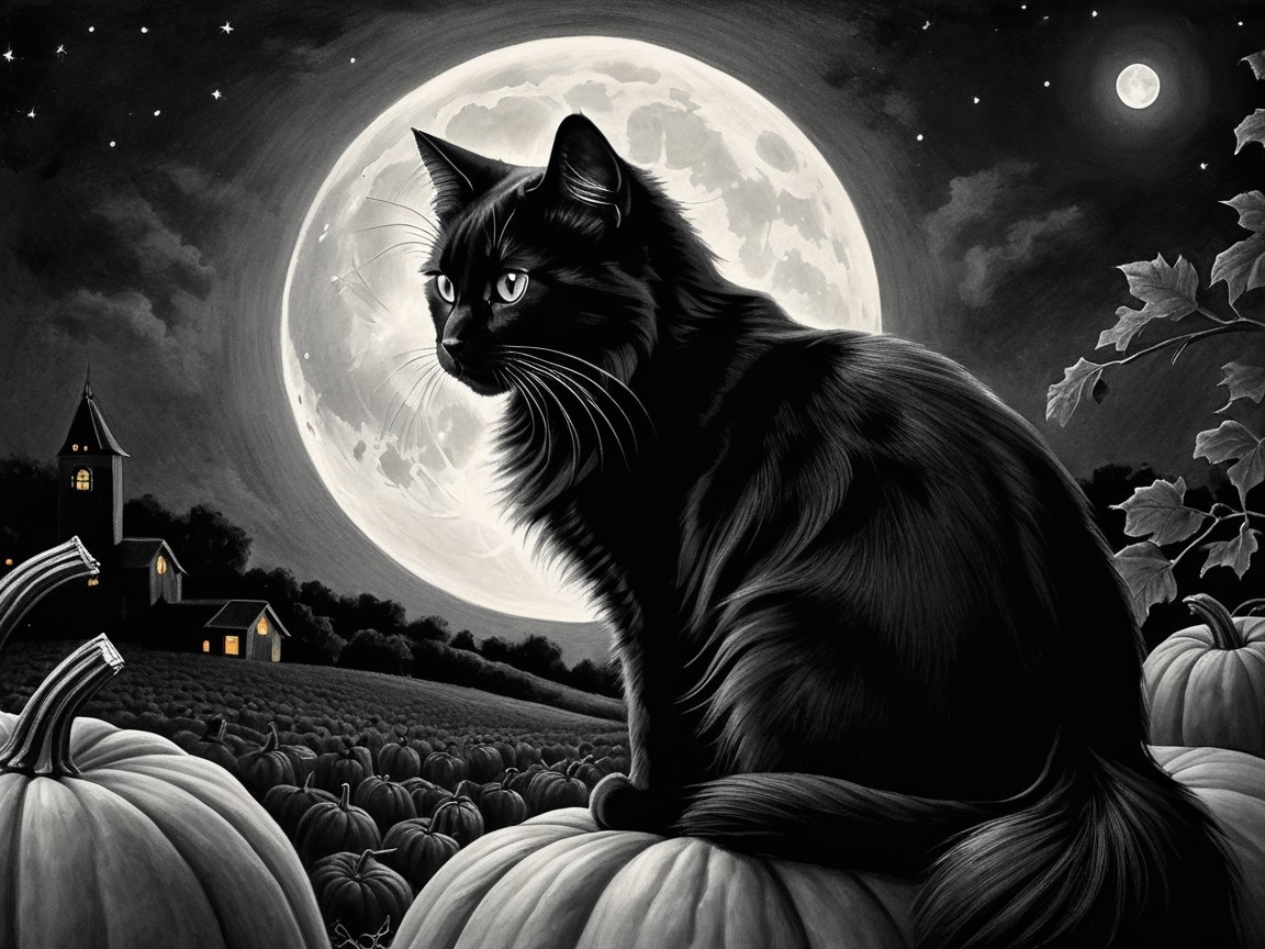 Black Cat on Pumpkin Under Full Moon at Night