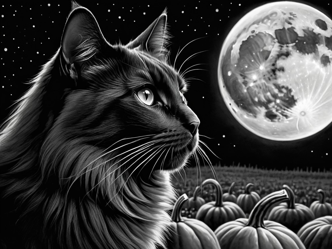 Cat Gazing at Full Moon Over Pumpkin Field