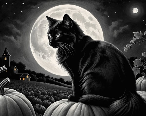 Black Cat on Pumpkin Under Full Moon at Night