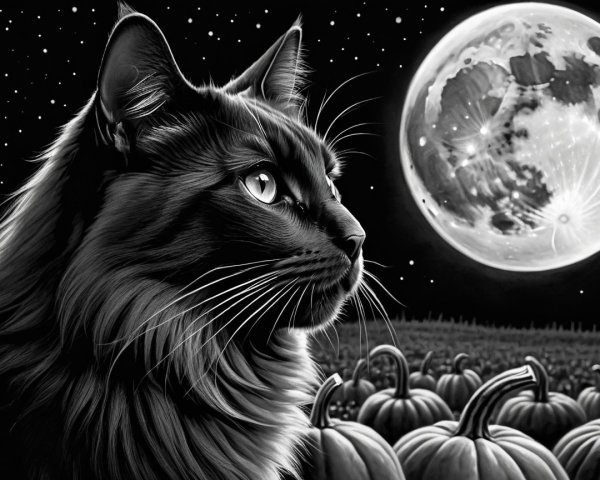 Cat Gazing at Full Moon Over Pumpkin Field